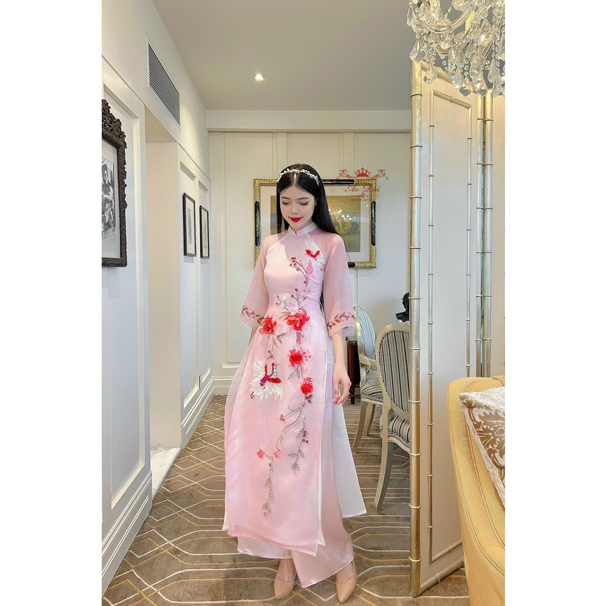 Áo dài cách tân tơ 4 tà 2 màu hồng đỏ nhẹ nhàng nhã nhặn đi chơi du lich đi chùa