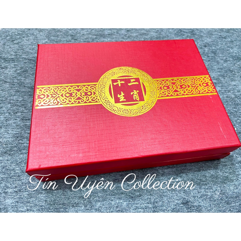 Bộ Quà Tặng Phong Thủy Hộp Đồng Xu 12 Con Giáp Niken Mạ Vàng May Mắn đẹp mắt trang trọng