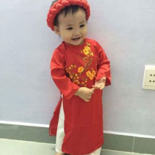 Set áo dài lụa hoa mai bé gái