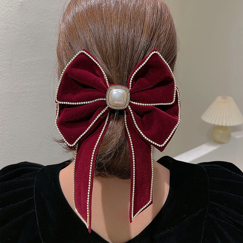 Kẹp Tóc Nơ Hai Lớp Đính Đá Và Ngọc Trai Xinh Xắn Cho Nữ