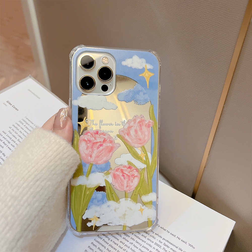 Ốp Điện Thoại Chống Sốc Tráng Gương Họa Tiết Hoa tulip Cho iphone 7 8 plus x xr xs 11 12 13 14 15 mini pro max se 2020