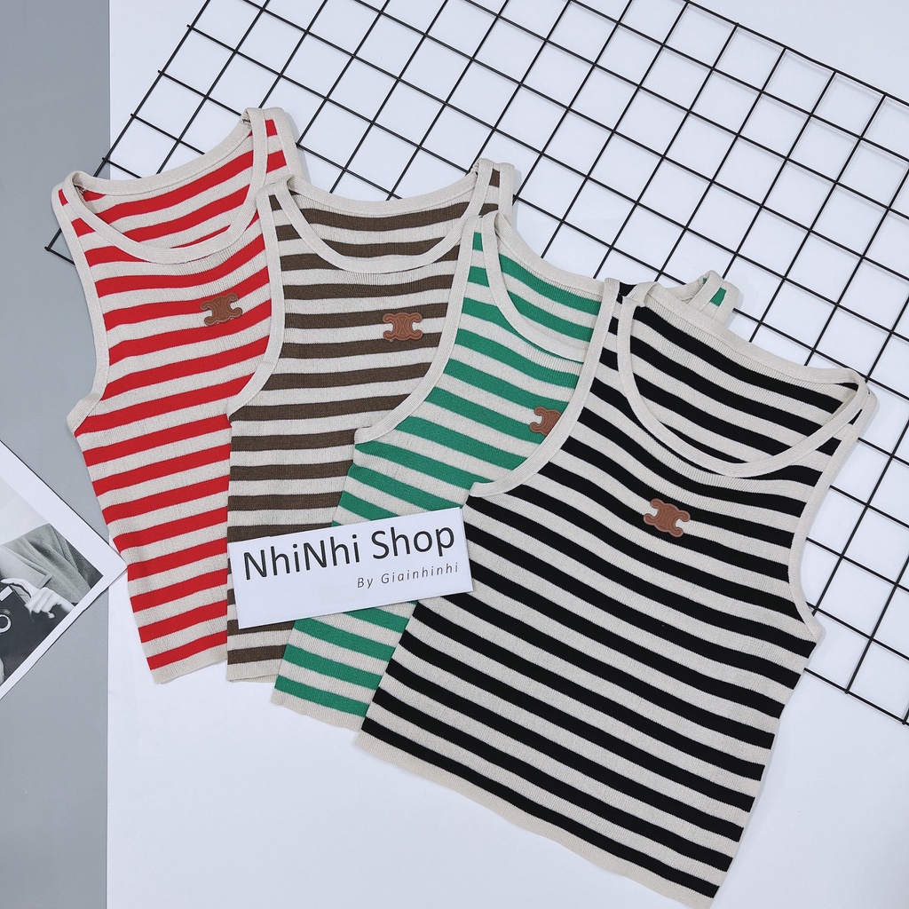 Áo ba lỗ len mỏng kẻ ngang đính logo ngực, Áo kiểu dáng ôm co giãn AL6041 - NhiNhi Shop