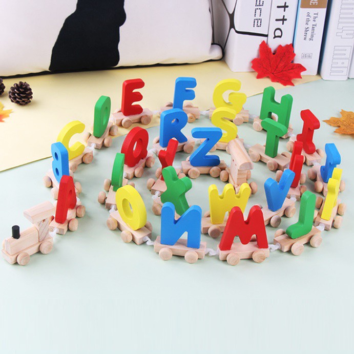 Đồ chơi gỗ giáo dục phát triển trí tuệ cho bé Đoàn tàu kéo hình khối số chữ 12 con giáp bằng gỗ [DT01]