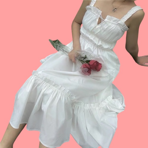 Váy Nữ 2 Dây Trắng Chun Ngực Dáng Xòe, Váy Đầm Nữ Dây Maxi Đi Biển Dáng Dài Xòe Tiểu Thư Điệu Đà | BigBuy360 - bigbuy360.vn