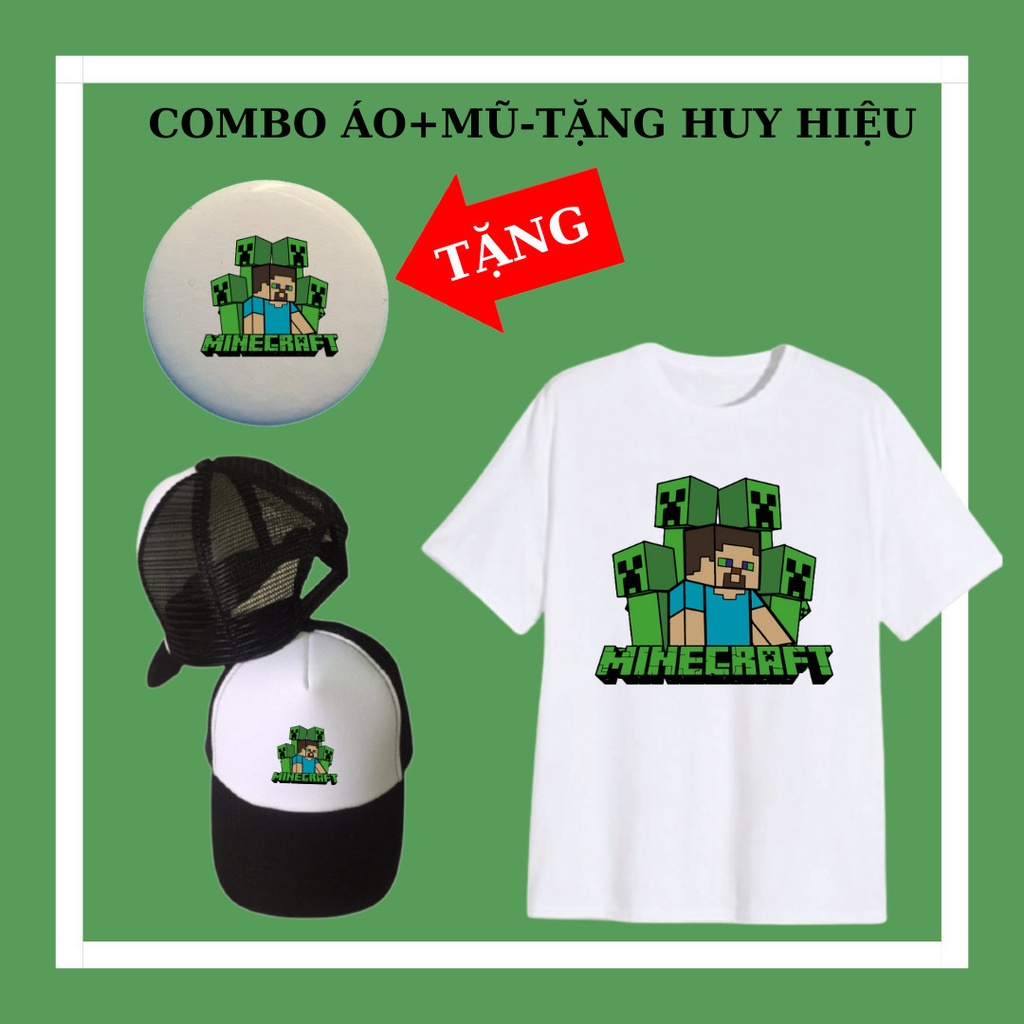 Áo phông Minecraft trẻ em, đủ size áo từ 10kg đến 90kg, Mũ Minecraft trẻ em, huy hiệu Minecraft bé t