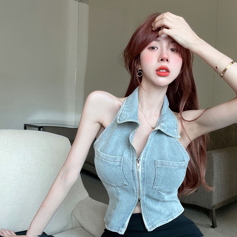Áo Croptop Sát Nách Chất Liệu Denim Thời Trang Cho Nữ