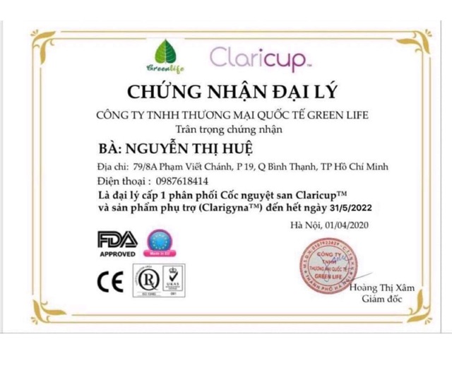 ( FULL QUÀ TẶNG) Cốc nguyệt san CLARICUP của Tập đoàn Claripharm sản xuất tại Pháp