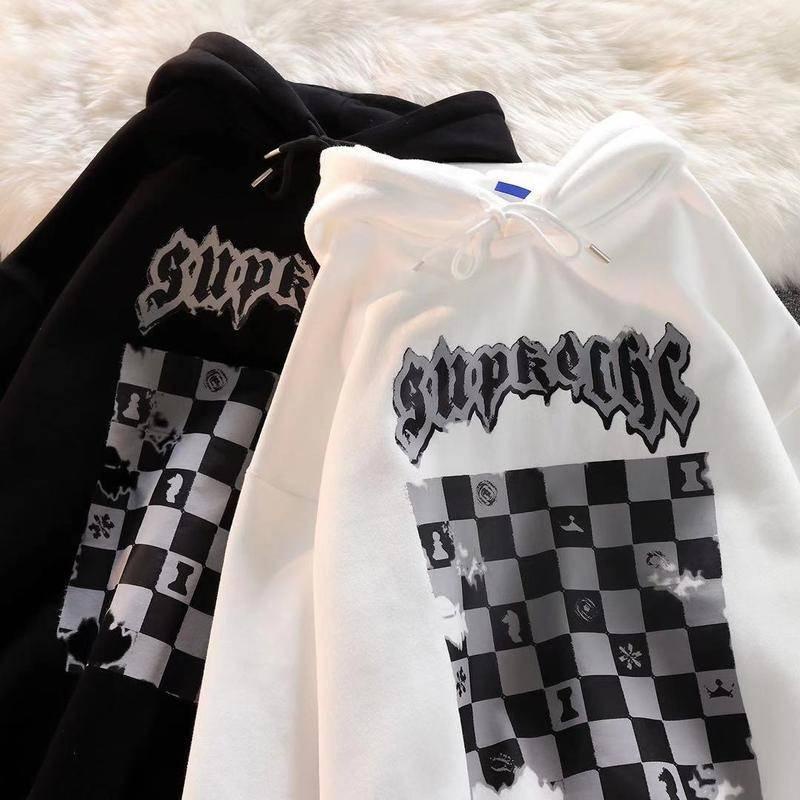 Áo hoodie dáng rộng họa tiết kẻ ô vuông màu trắng đen xu hướng thời trang