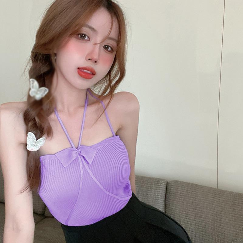 Áo Croptop Sát Nách Dệt Kim Phối Nơ Phong Cách Hàn Quốc