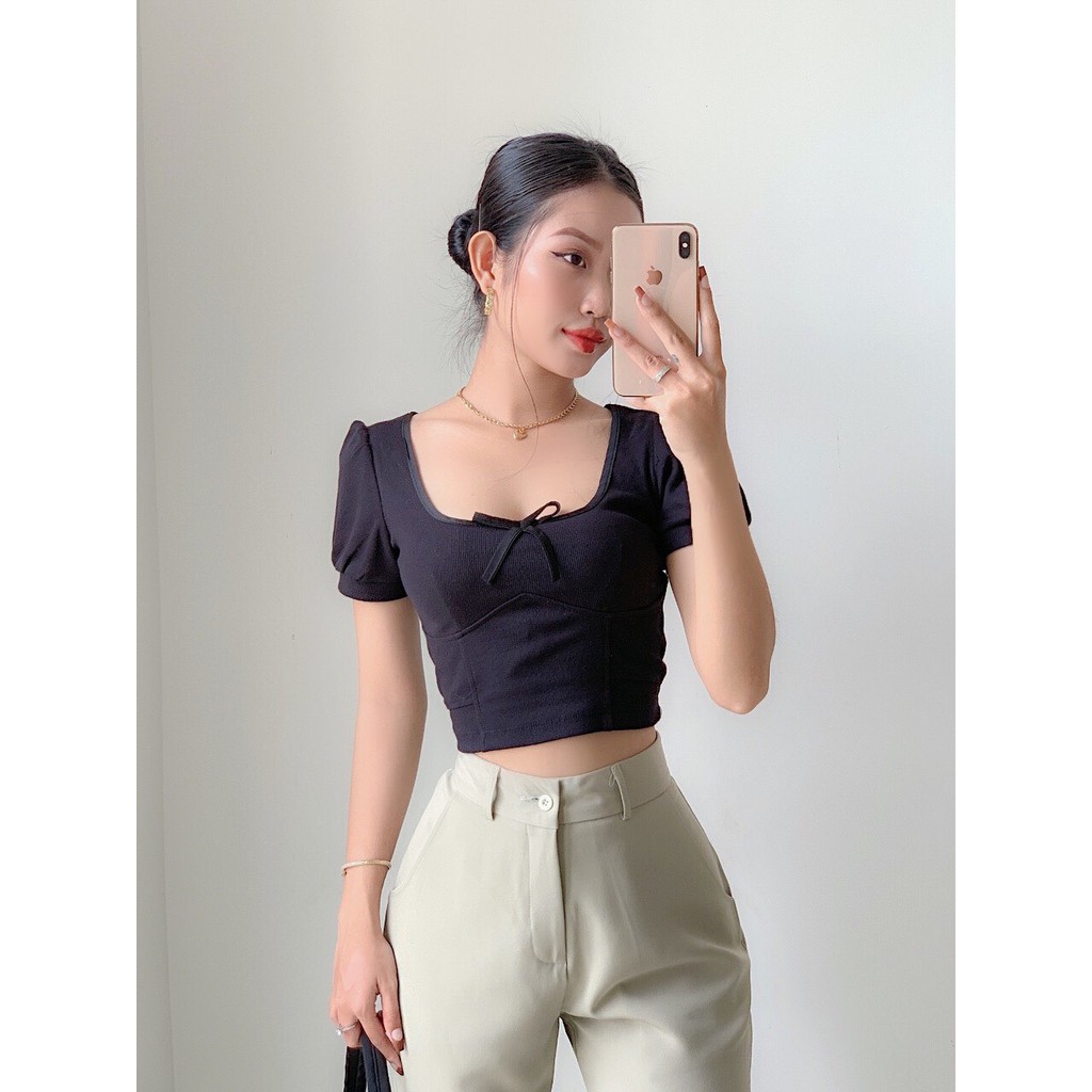 ÁO CROPTOP CỘT NƠ ĐEN, chất thun gân dày dặn [Moment House]