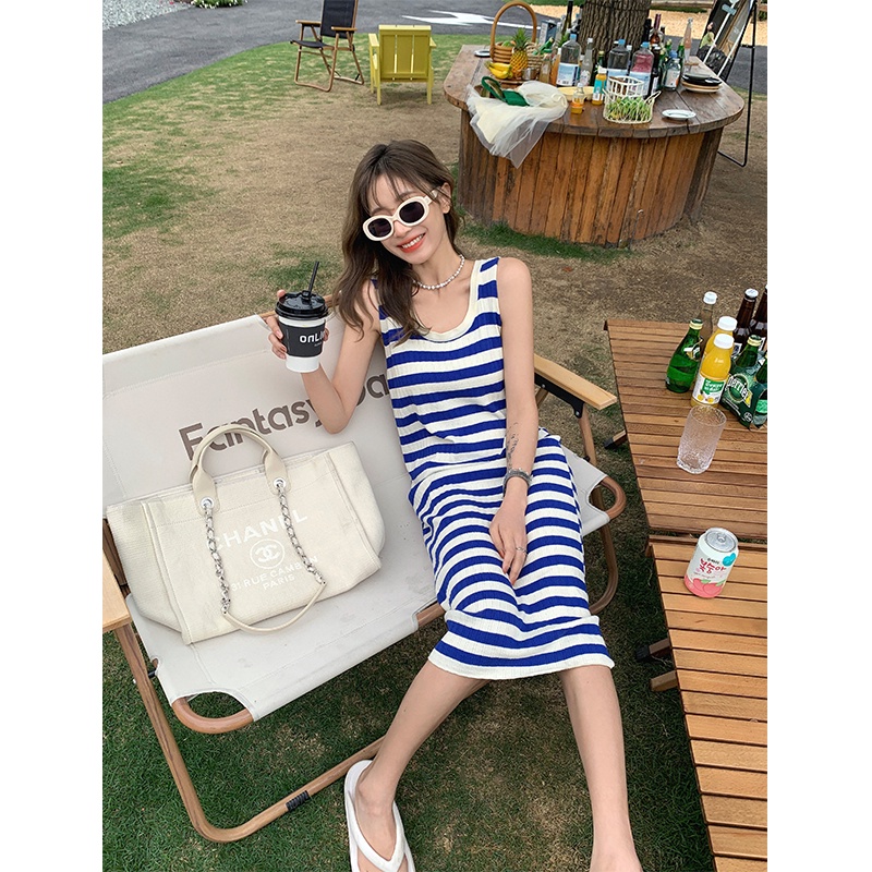 Đầm Dài Không Tay Họa Tiết Sọc Thời Trang Cho Nữ