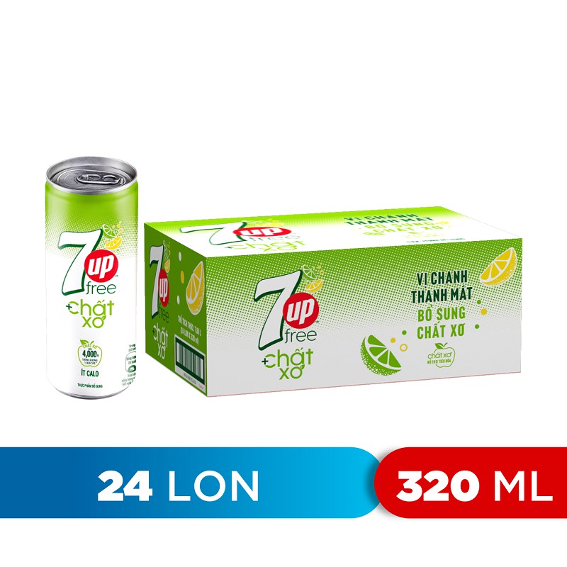 [Mã GRO1APR giảm 20K đơn 150K] Thùng 24 Lon Nước Uống Có Gaz 7UP Ít Calo Bổ Sung Chất Xơ (320ml/lon)