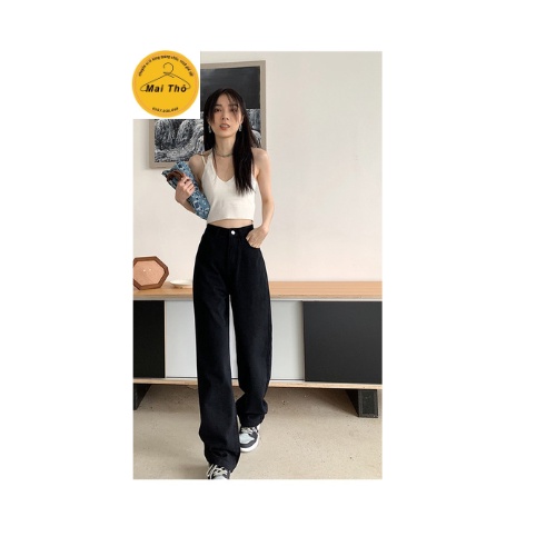 Quần jeans ống rộng chất bò dáng suông màu đen,jeans cạp cao phong cách Hàn Quốc sành điệu-MAI THỎ SHOP