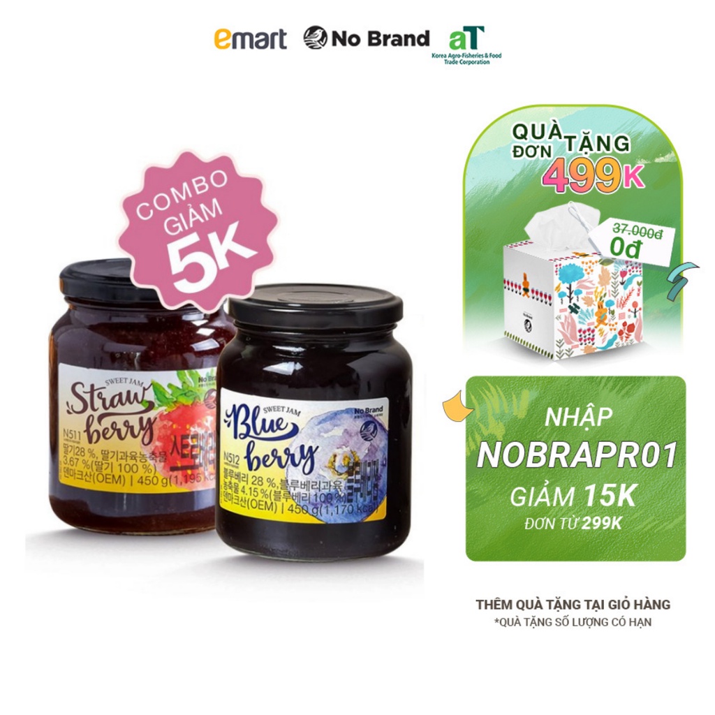 [Combo] Mứt Việt Quất + Mứt Dâu Tây No Brand Hũ 450g - Emart VN