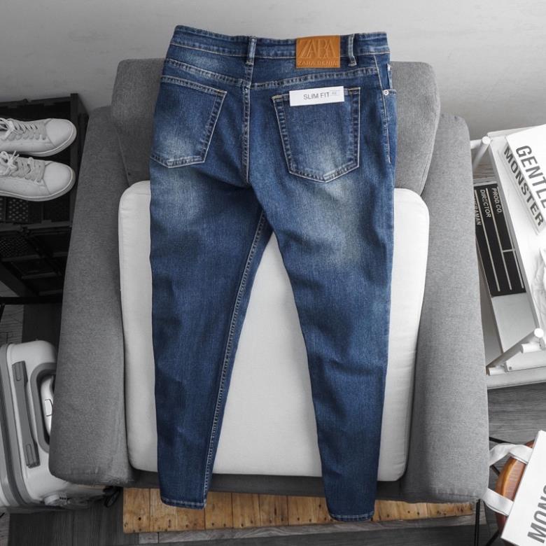 Quần jean nam xanh slimfit trơn không rách gối chất bò cao cấp co dãn 4 chiều rmt08