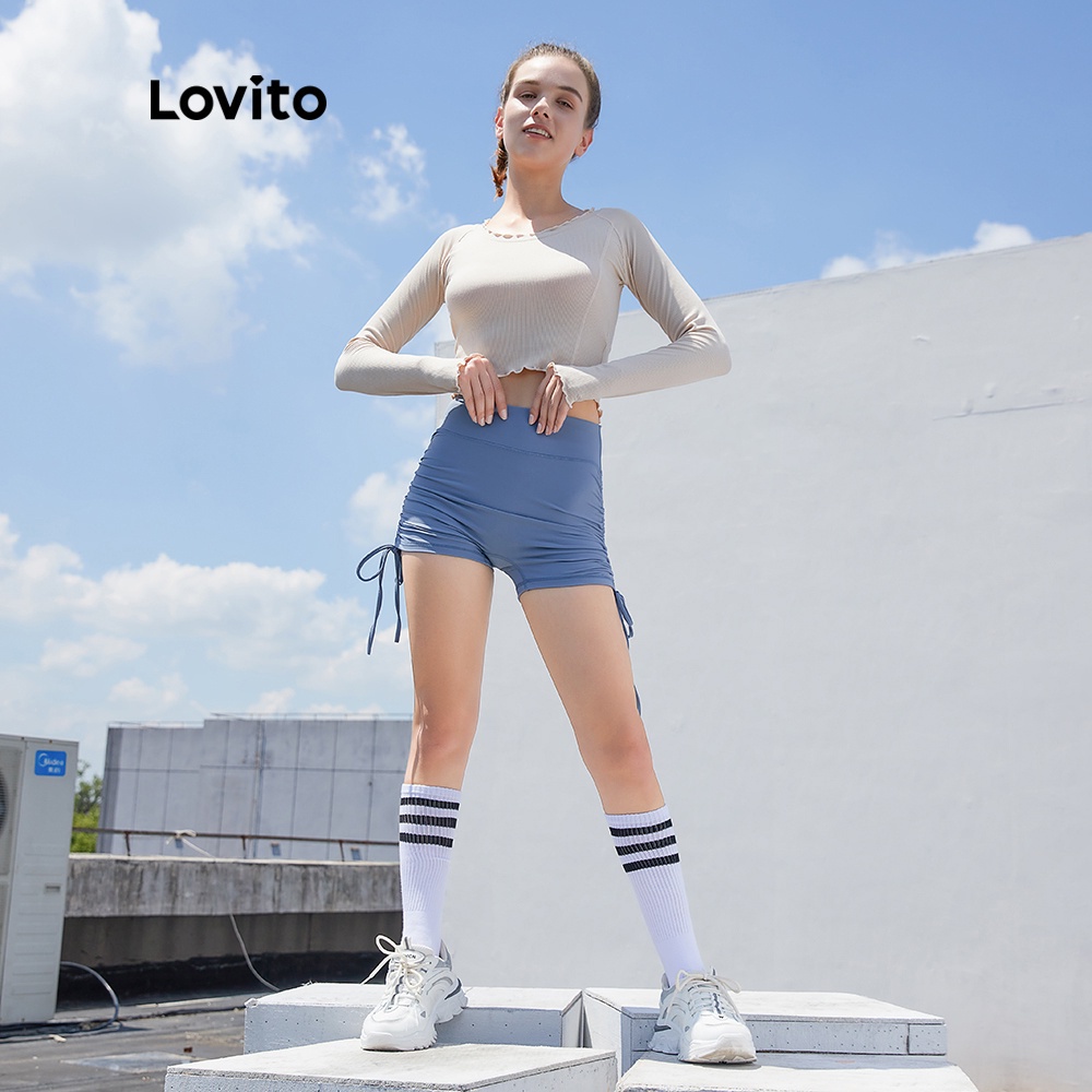 Áo thun Lovito thể thao màu trơn nhún bèo cổ tròn thoáng khí L04011 (màu nude)