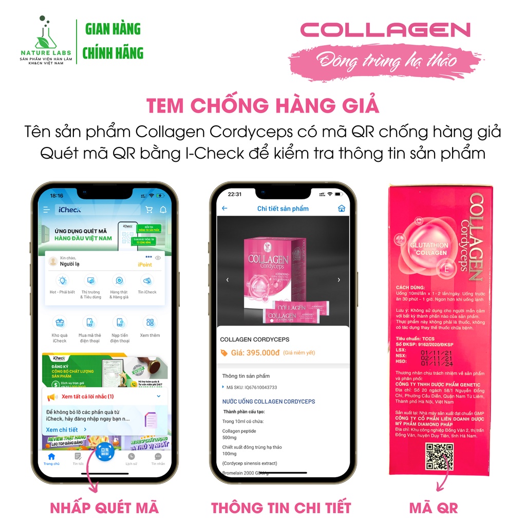 Nước uống Collagen Đông trùng hạ thảo trắng đẹp da se lỗ chân lông chống lão hoá mờ nám tăng cường sức khoẻ Nature Labs