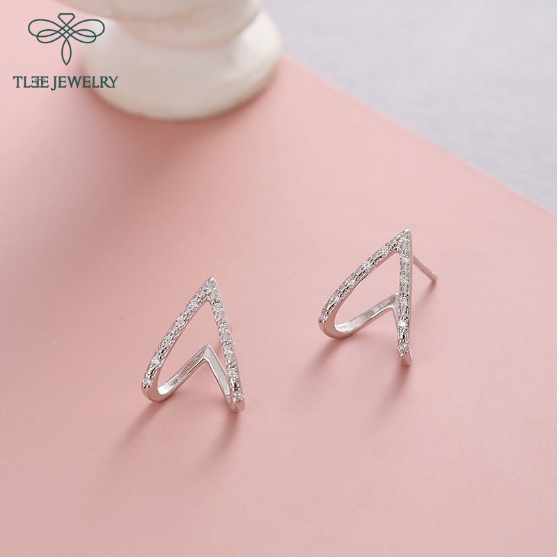 Khuyên tai bạc nữ TLEE chữ V ngược nạm đá sang trọng - TleeJewelry B0188