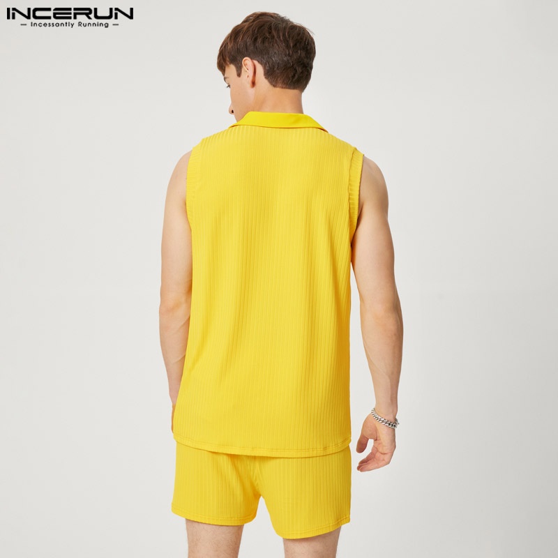 Bộ áo không tay và quần short INCERUN dệt kim màu trơn đơn giản cho nam
