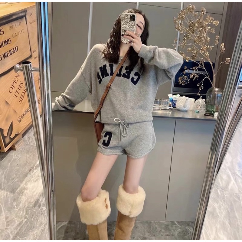 Set Bộ Chữ C Áo Dài Tay Quần Sooc Đùi Chất Bozip Màu Xám