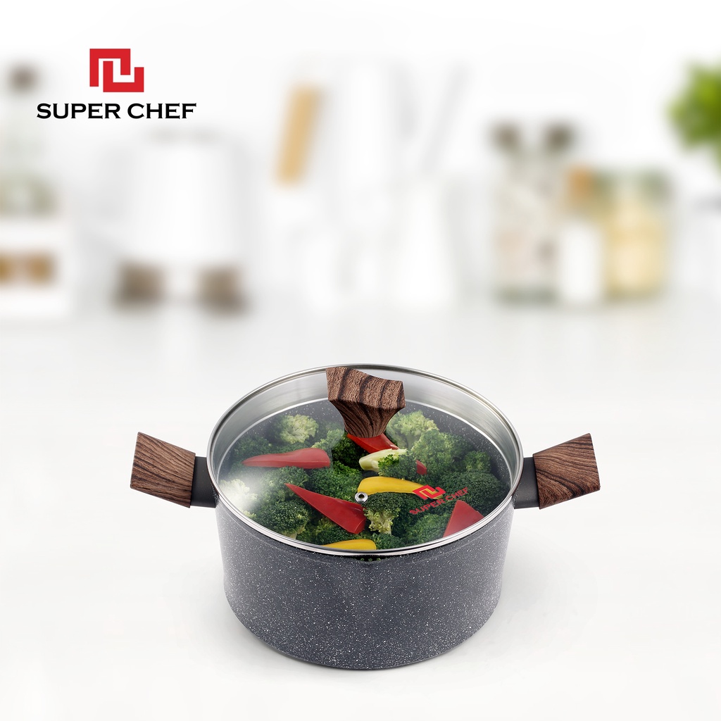 [Mã BMBAU50 giảm 7% đơn 99K] Nồi Vân Đá Đáy Từ Super Chef Dày 4mm Siêu Bền Bỉ, Sang Trọng Kèm Nắp Kính ( 20-24cm)