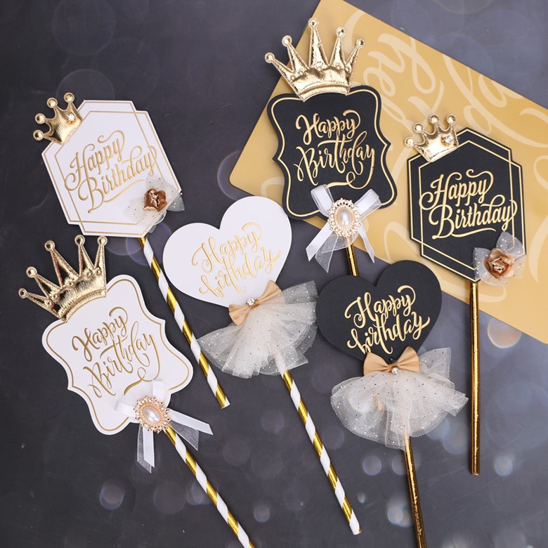 Topper Cắm Trang Trí Bánh Kem Hình Vương Miện Chữ Happy Birthday