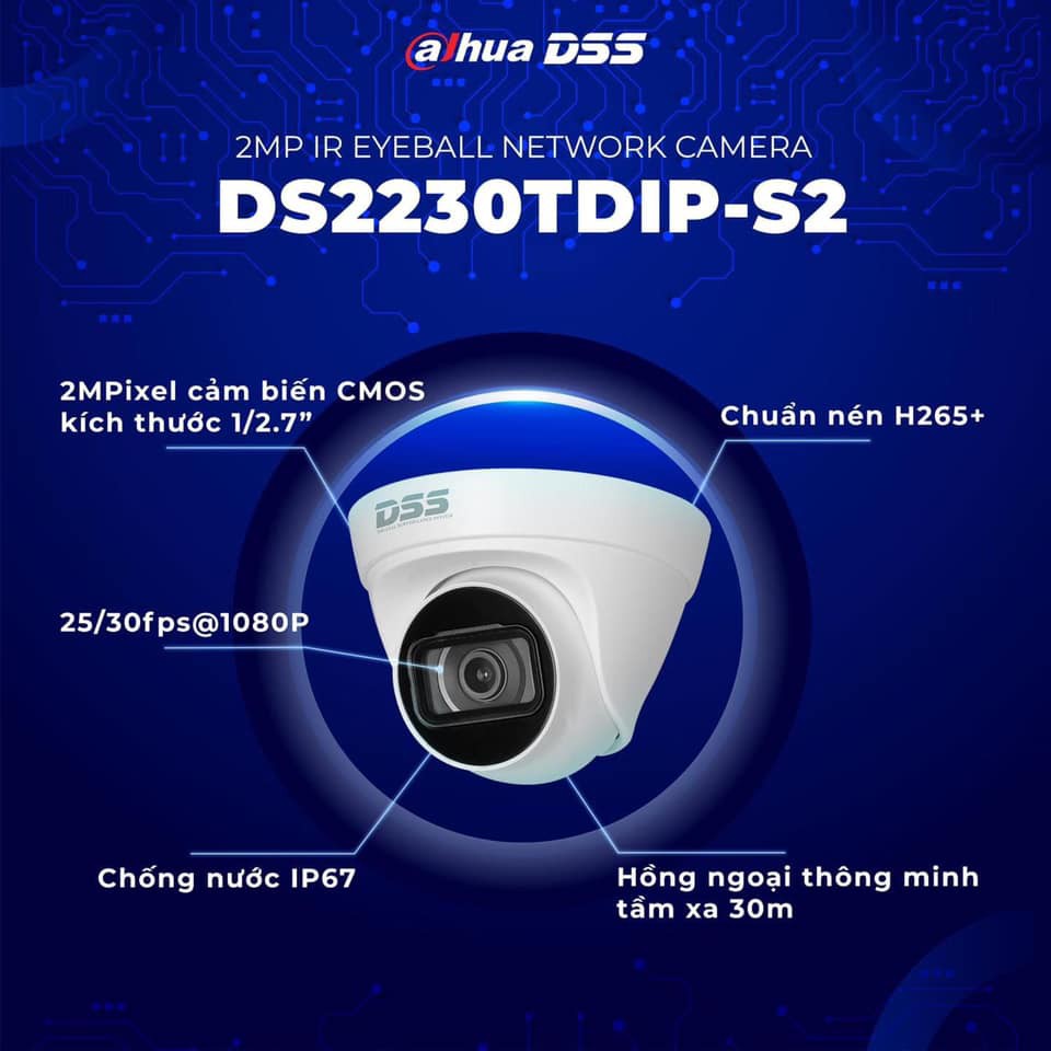 Camera IP Dome Trong Nhà 2.0Mp Dahua DS2230TDIP-S2, Hỗ Trợ PoE, Hồng Ngoại 30m - Hàng Chính Hãng