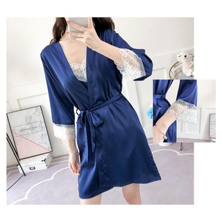 Bộ Đồ Ngủ Pijama Nữ Lụa Set 2 Chi Tiết (Set Váy Ngủ + Áo Choàng)