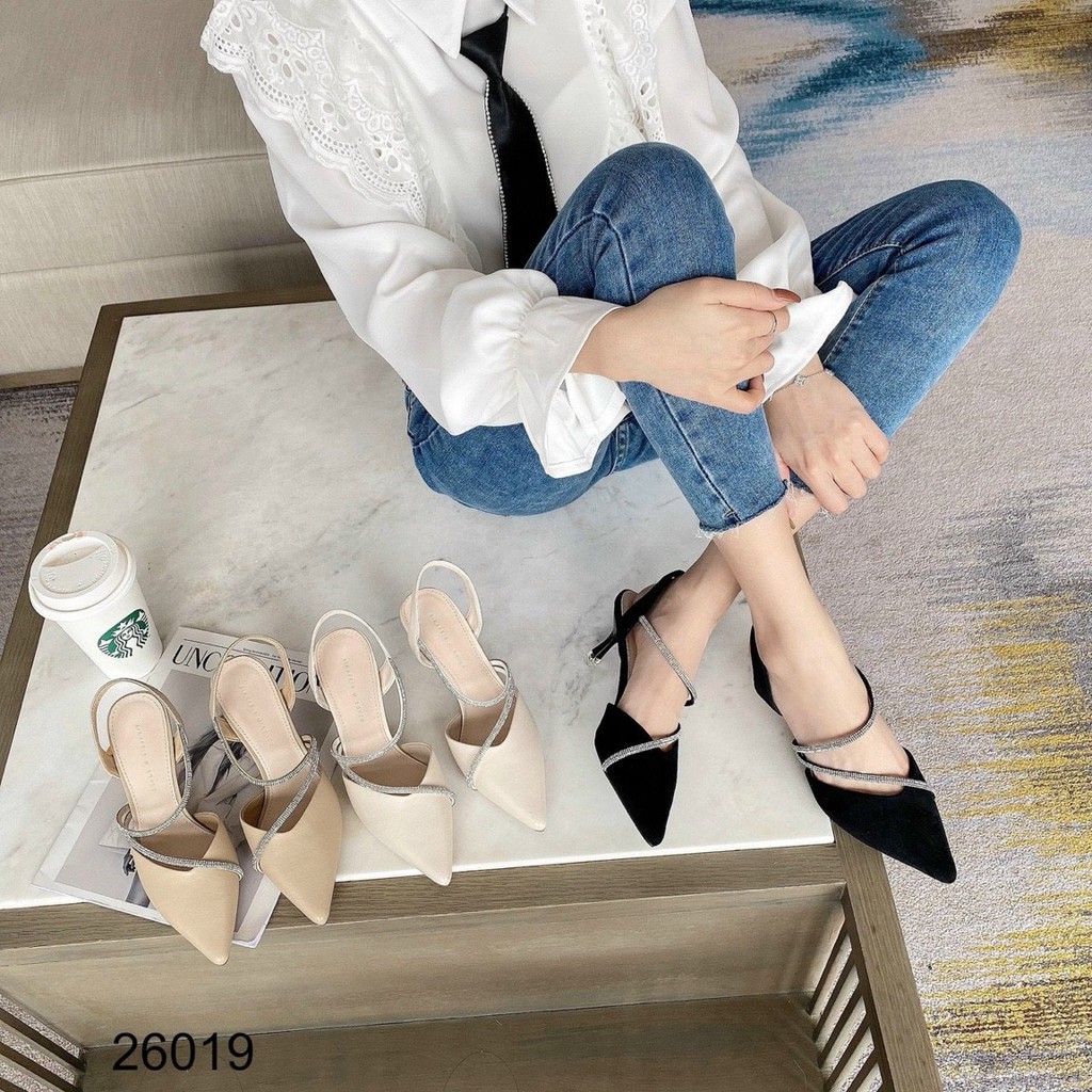 Sandal nữ cao gót nhọn 7 phân bít mũi phối quai kim tuyến ngang