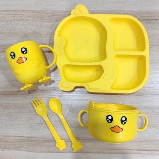 Set khay ăn dặm, cốc, bát hình vịt vàng chất liệu lúa mạch cho bé