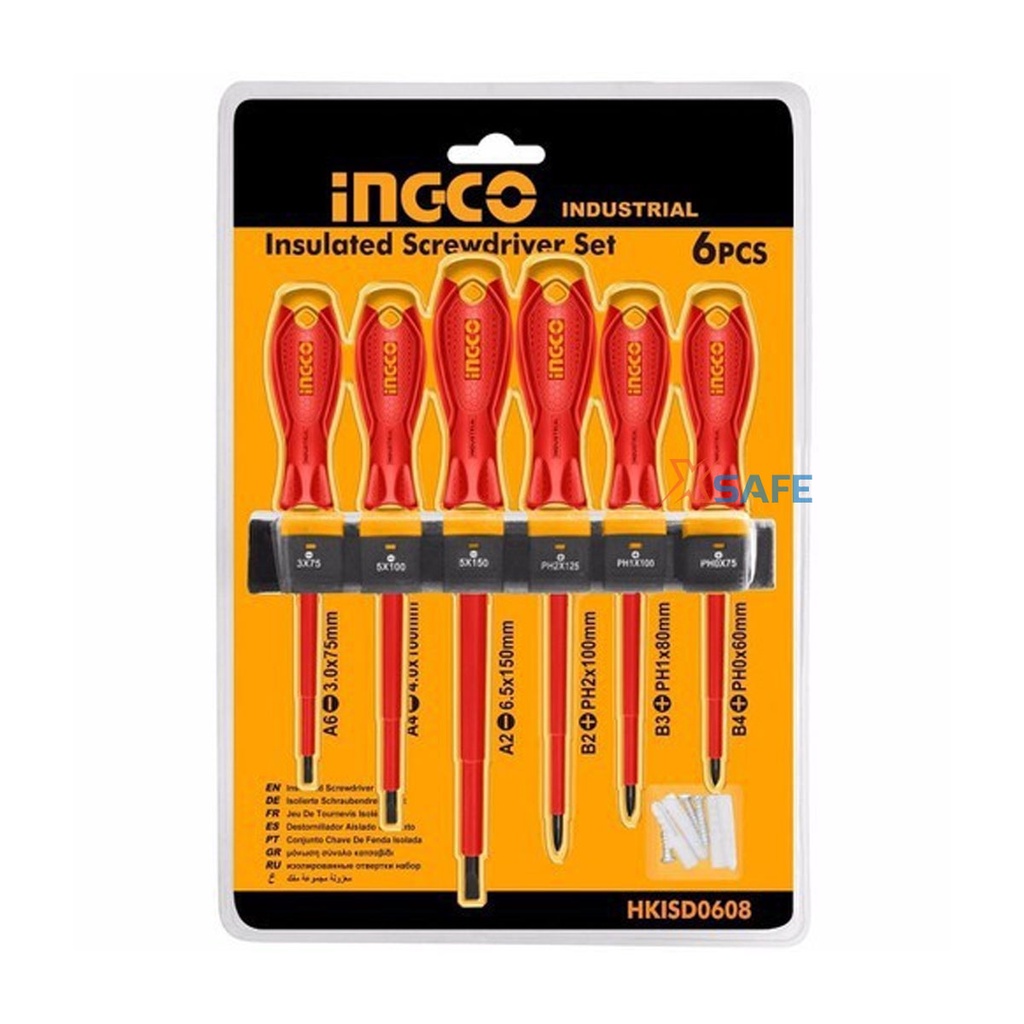 Bộ 6 tua vít cách điện 1000V INGCO HKISD0608 tay cầm mới Bộ tuốc nơ vít đa năng chui tròn cách điện