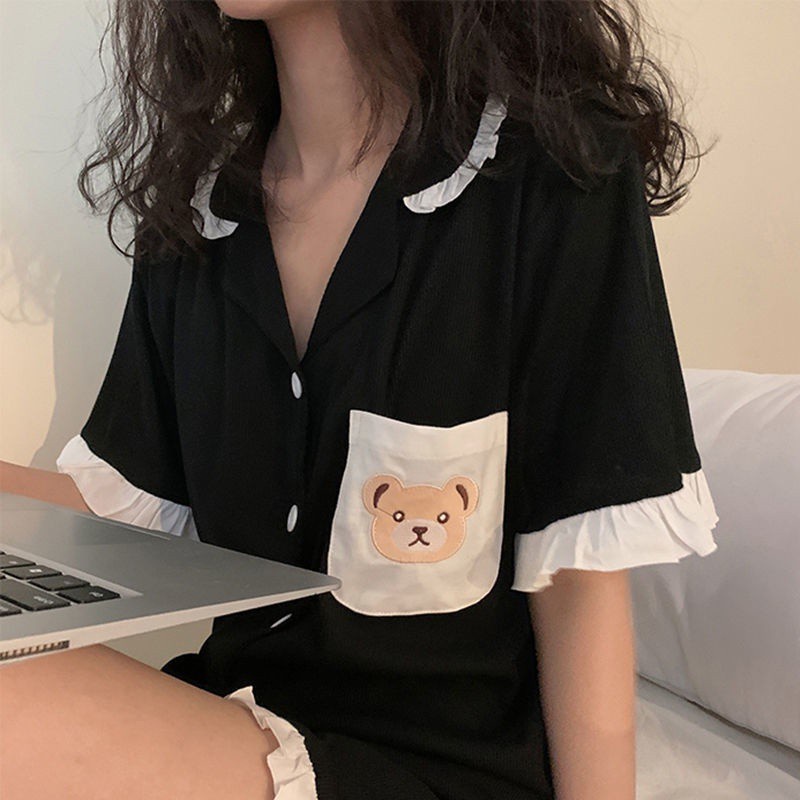Bộ đồ ngủ tay ngắn in hình gấu dễ thương thời trang cho nữ