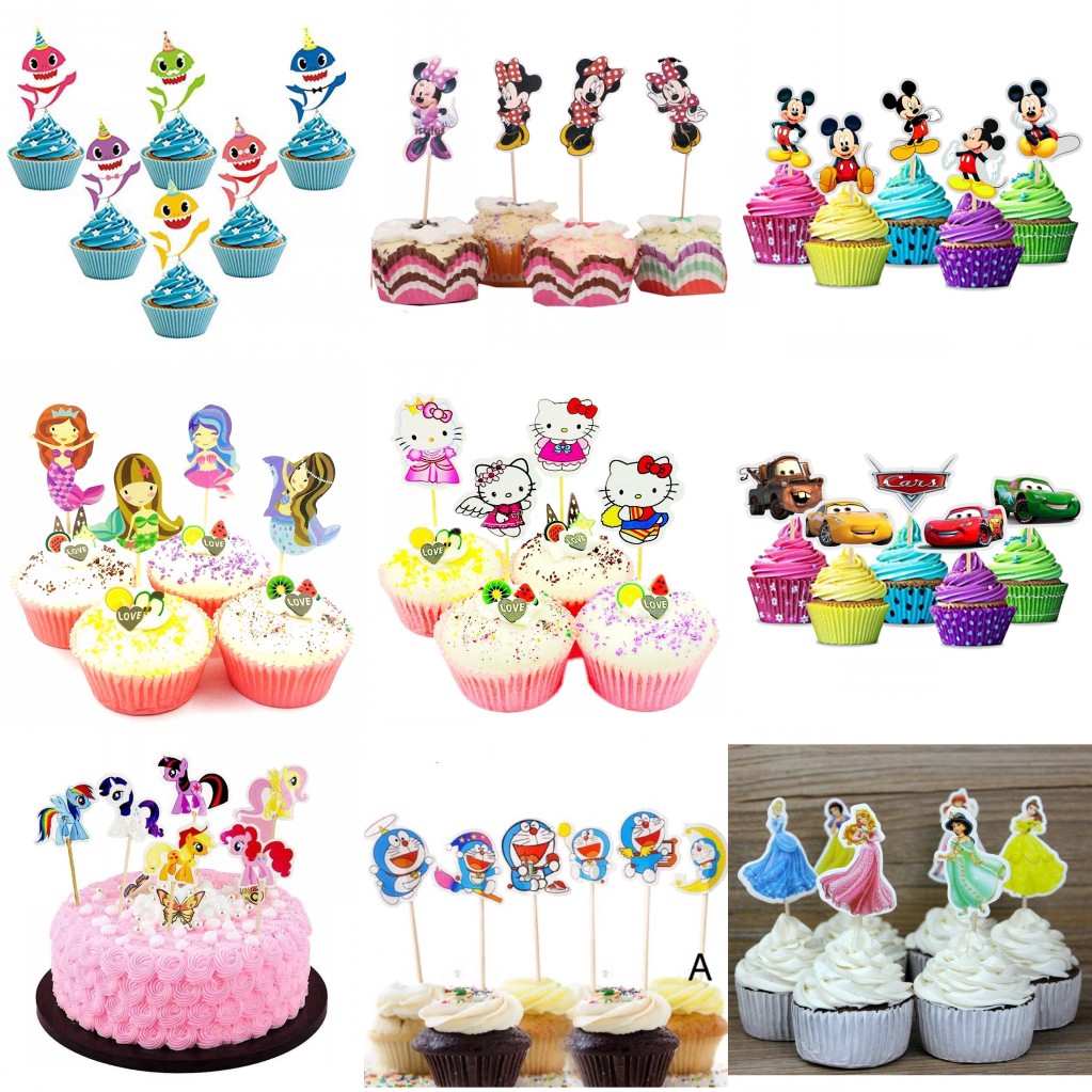 Set 24 que topper cắm trang trí bánh hình chuột Mickey/ Minnie/ Doraemon/ Hello Kitty xinh xắn