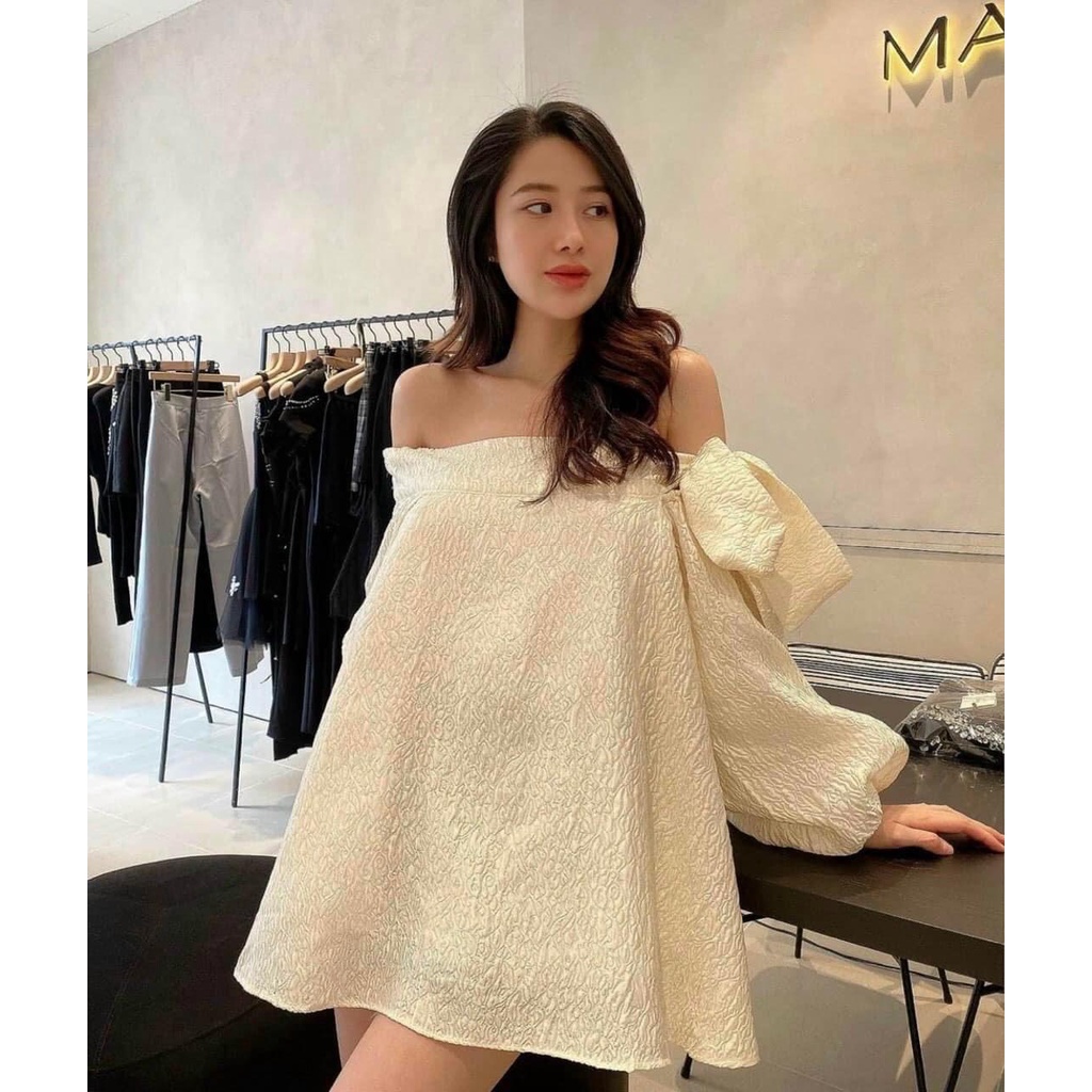 Áo gấm hoa trễ vai buộc nơ, hottrend,phù hợp đi tiệc, đi làm