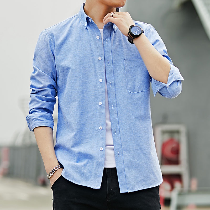 UNIQLO [Hàng Có Sẵn] Áo Sơ Mi Nam Dài Tay Vải Oxford Màu Trơn Dáng Ôm