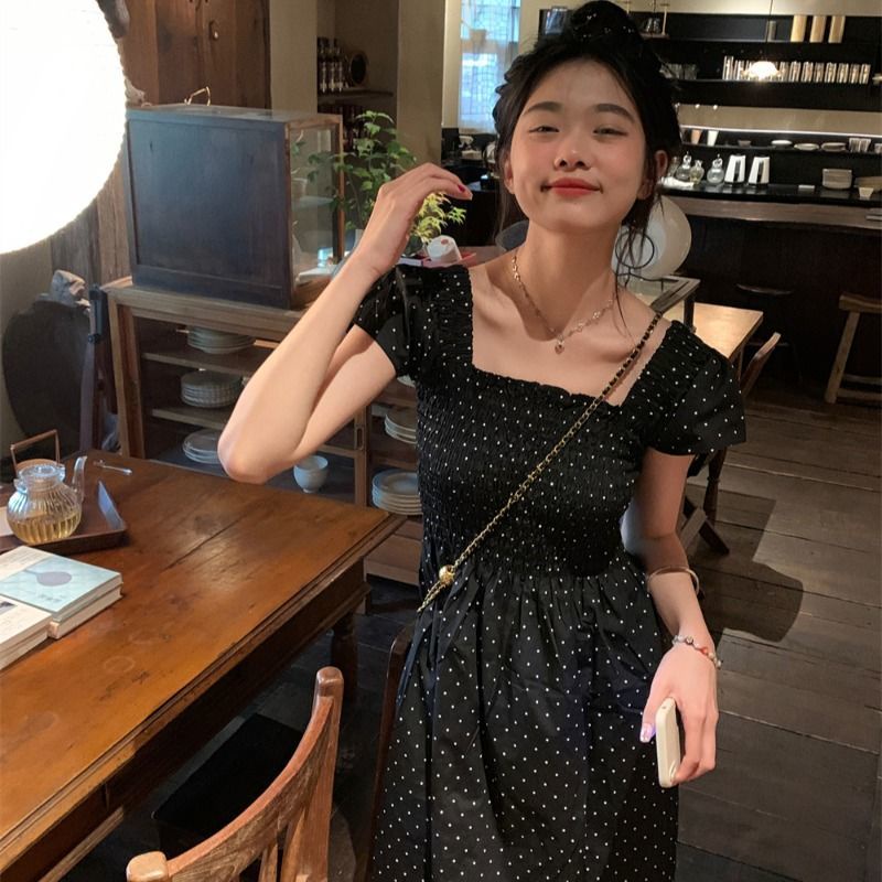 Đầm Ngắn Cổ Vuông Họa Tiết Chấm Bi Màu Đen Phong Cách Pháp Cho Nữ  tao bao