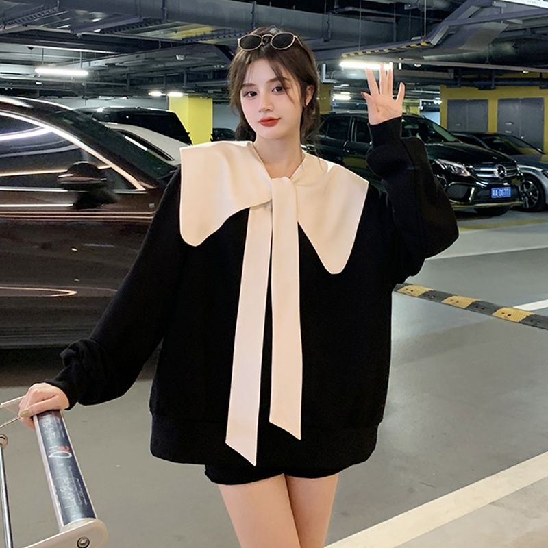 Áo Sweater màu đen đính nơ thời trang mùa thu cho nữ