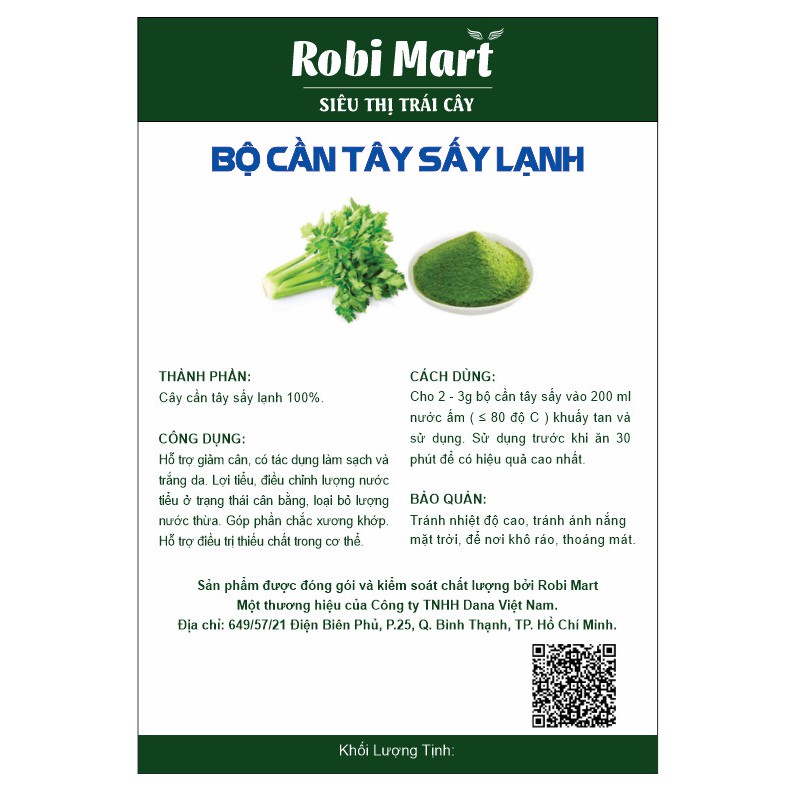 Bột cần tây sấy lạnh nguyên chất gói 20 gram - Giảm cân, thải độc an toàn