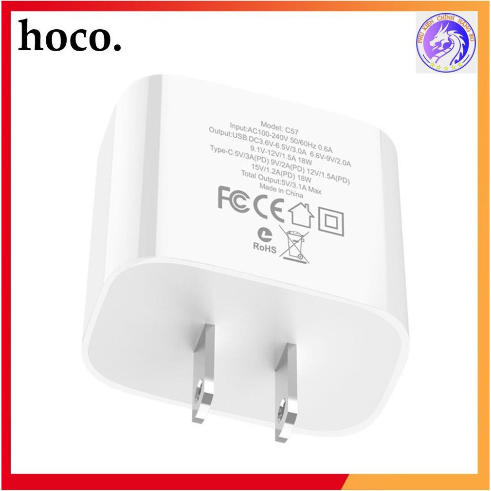 Cóc Sạc Nhanh HOCO C57 - QC3.0. Hàng Chính Hãng Chân dẹt chuẩn US