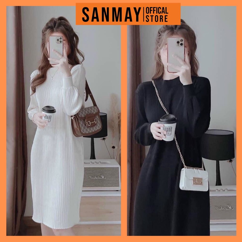 Váy Len Suông Thun Nữ Dáng Dài Trơn SANMAY Đầm Đi Dự Tiệc Cưới Đi Chơi Cao Cấp Thiết Kế Hàn Quốc Công Sở Trắng Đen VD013