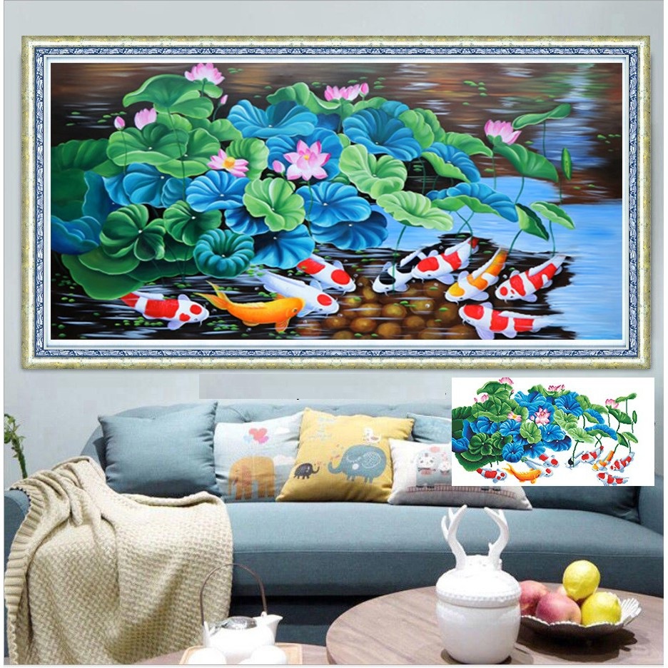 Tranh thêu chữ thập cá cửu ngư quần hội KT:100x55cm, Tranh chưa thêu và chưa khung, Tặng kéo và sỏ chỉ.
