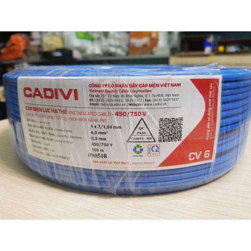 Dây cáp điện Cadivi CV 6.0 (cuộn 100m, dây đơn)