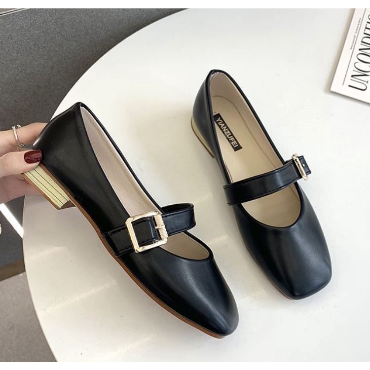 Giày búp bê da mềm nữ gót giả vân gỗ mũi vuông khóa vuông phong cách Hàn Quốc vintage xinh xắn - Mã GB44