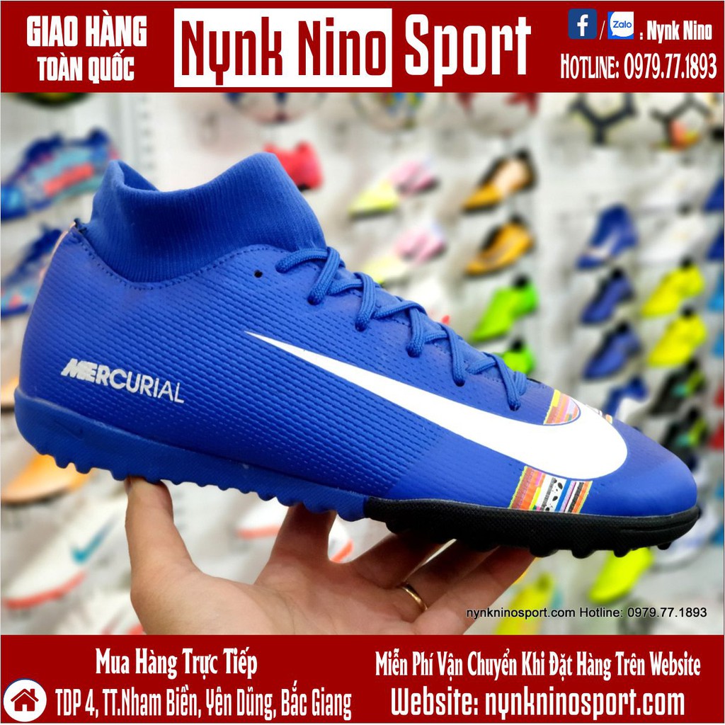 Giày Bóng Đá Mercurial SuperFly CR7 Xanh Biển Vạch Trắng Cao Cổ TF