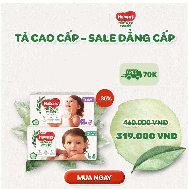 Tả Bỉm Quần/Dán Huggies Platinum Nature Made size M58/L44/XL 38/XXL26/S82/NB60