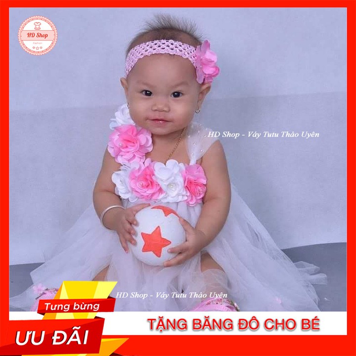 Đầm cho bé sơ sinh ❤️FREESHIP❤️ Đầm công chúa trắng sáu bông đính hoa nhí lệch quai cho bé 0-12 tháng tặng kèm băng đô