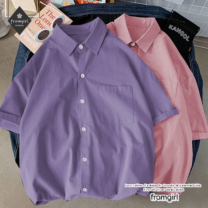 Áo sơ mi tay ngắn dáng rộng màu sắc đơn giản thời trang Hàn Quốc cho phái nữ