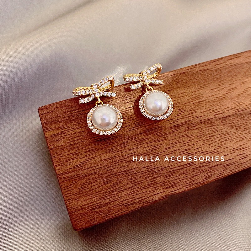 Khuyên tai bạc S925 Hình Nơ đính hạt trai cao cấp HALLA BT130