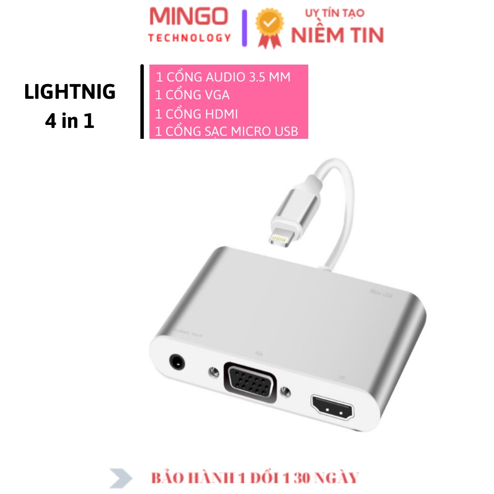 Bộ chuyển đổi Lightning to HDMI hoặc VGA có cổng tín hiệu âm thanh không cần cài đặt tiện lợi 4 IN 1