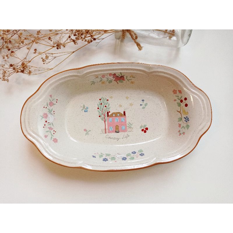 Dĩa sứ dáng xuồng, dĩa thuyền men tiêu hoạ tiết country vintage (gốm nhật 2ndhand)